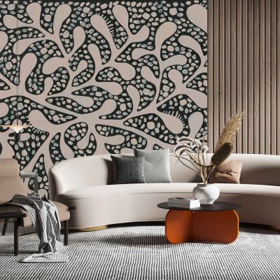 The wallpaper features a bold, organic pattern with flowing shapes that create a dynamic visual texture. It incorporates earthy tones like deep browns, soft taupes, and muted greens, interspersed with subtle hints of cream and off-white. The design evokes a natural, fluid movement reminiscent of leaves or waves, adding depth and interest to the contemporary space.