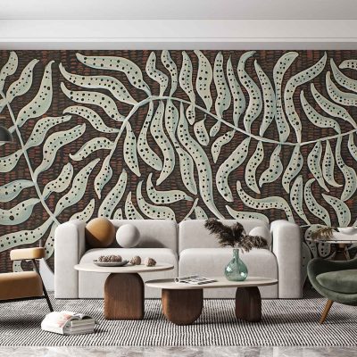The wallpaper features a bold, leafy pattern with lush green leaves set against a deep, rich background. The design emphasizes large tropical motifs with varying shades of green, from emerald to olive, and occasional hints of earthy brown accents that add depth and texture.