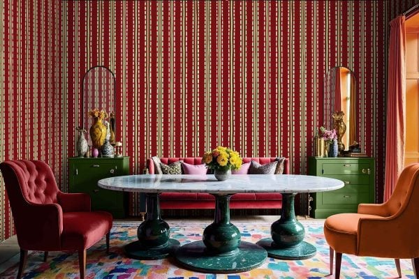 Patterned red and white striped wallpaper.