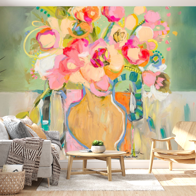 The wallpaper displays a bright, colorful painting of flowers in a vase, capturing nature's beauty with vibrant hues like red, yellow, pink, and green. This abstract floral artwork stands out with its lively design and dynamic brushstrokes.