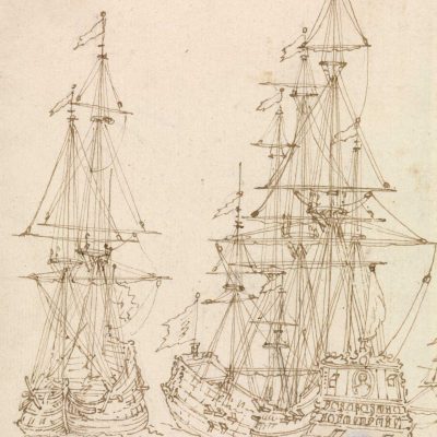 The wallpaper features two detailed sailing ships, each with multiple masts adorned with intricate rigging. The vessels are positioned side by side to highlight their tall structures. The masts support a series of complex sails and lines, meticulously drawn to reflect historical accuracy. Flags fly from the top of each mast, adding an element of movement. The color palette includes deep blues and sea greens for the ships and sails, complemented by golden yellows and earthy browns on the deck details and hulls. The background is kept plain to emphasize the ornate design of the ships themselves without distraction.