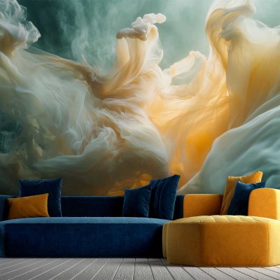 A large abstract mural with swirling green, white, and gold hues.