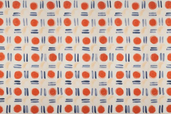 The wallpaper showcases an abstract pattern with red circles, beige semicircles, and blue lines arranged on a white background. The design forms a grid-like appearance reminiscent of an artistic banquet.