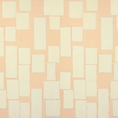Abstract art resembling a banquet setup with cream-colored rectangles mimicking elegant table settings. These rectangles vary slightly in size and are distributed evenly across a light peach background. The wallpaper's color palette features soft peach and cream, creating an airy and refined ambiance, ideal for search keywords focused on 