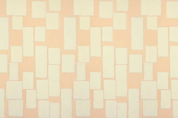 Abstract art resembling a banquet setup with cream-colored rectangles mimicking elegant table settings. These rectangles vary slightly in size and are distributed evenly across a light peach background. The wallpaper's color palette features soft peach and cream, creating an airy and refined ambiance, ideal for search keywords focused on "cream rectangles," "light peach background," and "abstract banquet wallpaper.