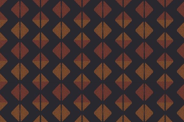 Seamless wallpaper pattern of repeating diamond shapes in orange and brown gradient, inspired by tortoise shell texture. Diamonds are symmetrically arranged in rows and columns on a dark background. Elements: diamonds, geometric, textured, tortoise shell, orange, brown, dark backdrop.