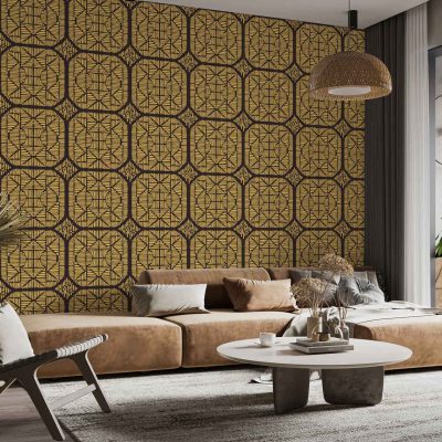 Patterned wallpaper features a striking gold and black color scheme, arranged in an organic, tortoise shell-inspired design. The pattern showcases irregular, rounded shapes with metallic gold accents against a bold black background, creating a luxurious and contemporary look.