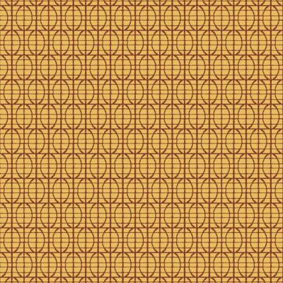 Seamless geometric wallpaper featuring overlapping brown circles and intersecting lines forming a grid on a yellow-orange background; retro, tortoise shell-inspired look with symmetrical, repetitive pattern. Elements: circles, lines, grid. Colors: brown, yellow-orange.
