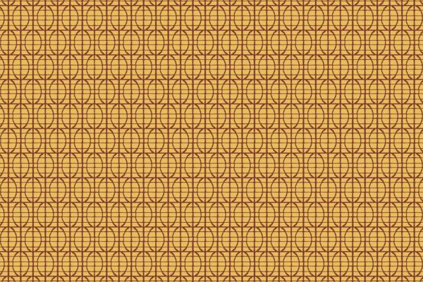 Seamless geometric wallpaper featuring overlapping brown circles and intersecting lines forming a grid on a yellow-orange background; retro, tortoise shell-inspired look with symmetrical, repetitive pattern. Elements: circles, lines, grid. Colors: brown, yellow-orange.