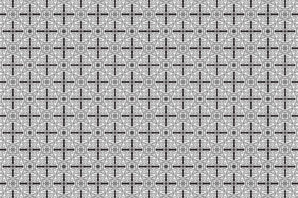 Wallpaper features a repeating geometric pattern of small black crosses centered within grids of black dots on a white background, resembling tortoise shell designs with intricate, uniform texture in black and white.