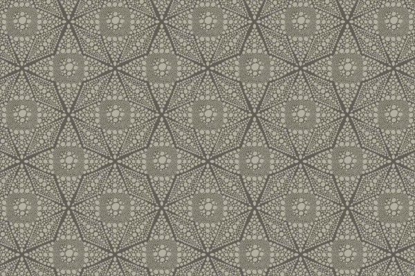 Wallpaper features interlocking pentagons, each filled with intricate textured circular designs. Colors are tortoise shell-inspired shades of green and white. The pattern forms a visually complex, repeating mosaic geometric design.