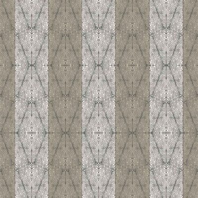 Wallpaper features alternating vertical stripes in light gray and muted brown, overlaid with intricate, symmetrical hexagonal and star-like motifs resembling a tortoise shell mosaic. Elements include: repeating geometric pattern, vertical stripes, light gray, muted brown, hexagons, star shapes, mosaic effect.