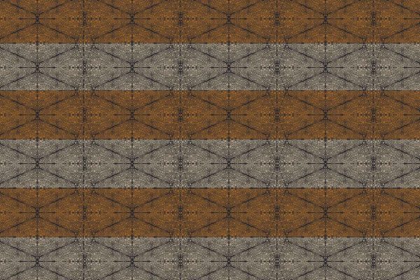 Wallpaper features: repeating geometric pattern, alternating horizontal bands of orange-brown and gray, intersected by thin black lines forming diamond and star shapes; rough, grainy texture like tortoise shell. Colors: orange-brown, gray, black.