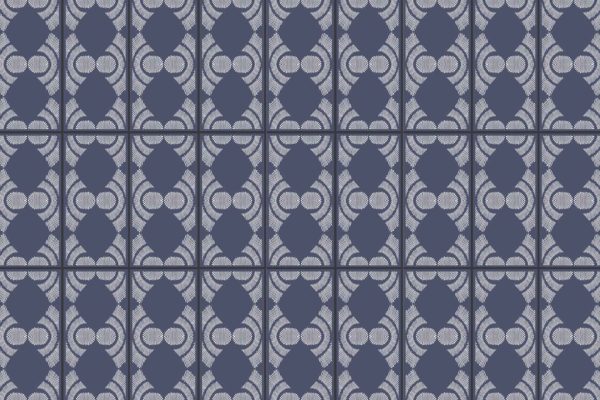 Navy blue diamonds and navy circular shapes repeat in a symmetrical, tiled pattern, bordered by thin vertical and horizontal lines. Inspired by tortoise shell motifs, the design features intricate geometric detailing on a light (off-white or pale beige) background. Elements: navy blue diamond, navy circle, geometric mosaic, linear borders, tortoise shell-inspired symmetry. Colors: navy blue, light background.
