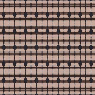 Beige wallpaper featuring evenly spaced vertical black ovals intersected by thin horizontal black lines, forming a grid-like geometric pattern and optical illusion reminiscent of a tortoise shell design. Colors: beige, black. Elements: vertical ovals, horizontal lines, grid, geometric pattern.