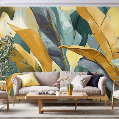 Large, colorful mural wallpaper featuring abstract tropical leaves; dominant green, yellow, and blue hues; swaying leaf shapes with bold lines and organic forms; expressive brushstrokes; vibrant tropical foliage pattern.