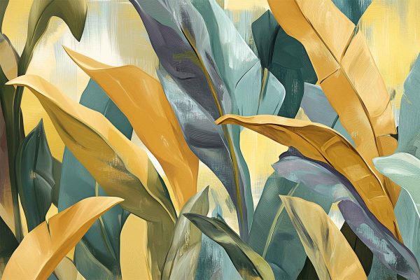 Abstract wallpaper featuring large overlapping leaves in vibrant shades of yellow, green, and blue. The design showcases textured brushstrokes set against a soft yellow and beige background, creating a dynamic and lively composition ideal for modern interiors.