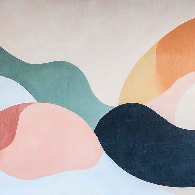 Abstract wallpaper art showcases flowing organic shapes in a palette of green, peach, orange, and dark blue. These overlapping forms evoke a whispering meadow, weaving together movement and harmony against a light background. The composition highlights the dynamic interplay of colors and fluid shapes.