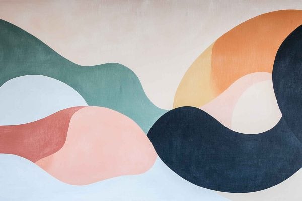 Abstract wallpaper art showcases flowing organic shapes in a palette of green, peach, orange, and dark blue. These overlapping forms evoke a whispering meadow, weaving together movement and harmony against a light background. The composition highlights the dynamic interplay of colors and fluid shapes.