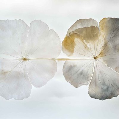 Wallpaper features: two translucent delicate leaves, fine veins visible, side by side; soft light background; one leaf is paler and more faded, the other shows hints of brown and gray; gentle, serene atmosphere with muted tones.