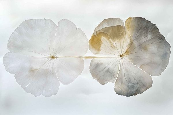 Wallpaper features: two translucent delicate leaves, fine veins visible, side by side; soft light background; one leaf is paler and more faded, the other shows hints of brown and gray; gentle, serene atmosphere with muted tones.