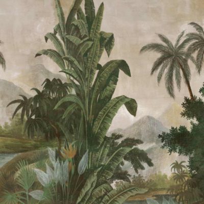 Wallpaper features: tropical landscape, Sri Lanka, tall palm trees, dense foliage, large banana leaves, vibrant bird of paradise flowers. Colors: green, vibrant orange and red (flowers), lush textures. Background elements: majestic mountains, cloudy sky.