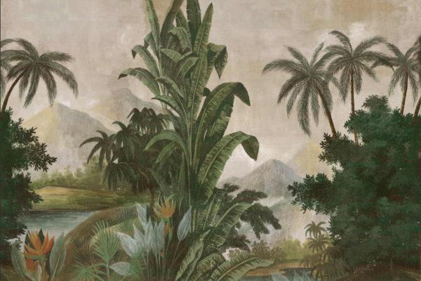 Wallpaper features: tropical landscape, Sri Lanka, tall palm trees, dense foliage, large banana leaves, vibrant bird of paradise flowers. Colors: green, vibrant orange and red (flowers), lush textures. Background elements: majestic mountains, cloudy sky.