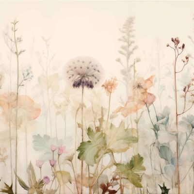 Delicate watercolor wallpaper features a soft, muted background showcasing a range of wildflowers and plants. Pastel colors like soft pinks, light blues, gentle yellows, and pale greens are prominent. The flowers are intricately detailed against the serene backdrop, creating an ethereal atmosphere. Keywords: delicate watercolor, wildflowers, plants, soft background, pastel colors, ethereal atmosphere.
