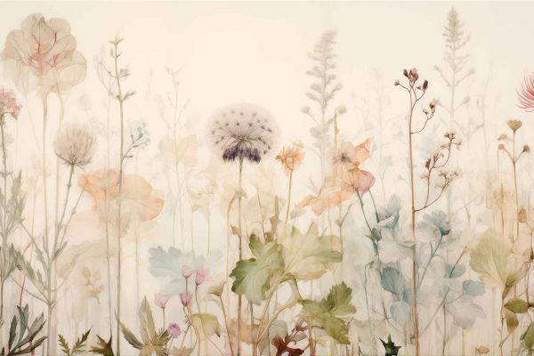 Delicate watercolor wallpaper features a soft, muted background showcasing a range of wildflowers and plants. Pastel colors like soft pinks, light blues, gentle yellows, and pale greens are prominent. The flowers are intricately detailed against the serene backdrop, creating an ethereal atmosphere. Keywords: delicate watercolor, wildflowers, plants, soft background, pastel colors, ethereal atmosphere.