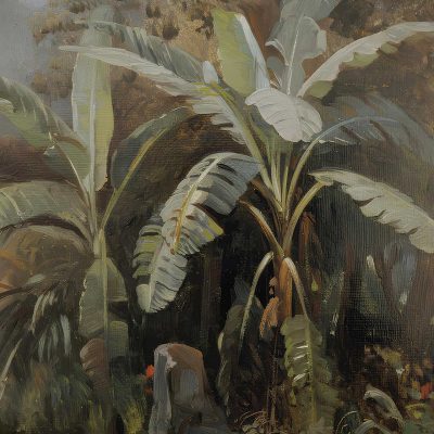 Wallpaper features large swaying banana plants with broad green leaves, set beside a small pond and scattered rocks. Dense jungle background uses textured brushstrokes in muted earthy tones—deep greens, olive, brown, and hints of ochre. Shadowy atmosphere emphasizes foliage textures; naturalistic colors dominate the design.