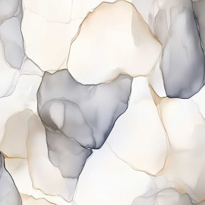 Abstract watercolor wallpaper features overlapping translucent shapes in muted beige, cream, and gray tones. The design creates an organic, stone-like pattern with soft edges and subtle color transitions. This calming background evokes introspection through its gentle neutrals and layered forms—ideal for serene, modern interiors.