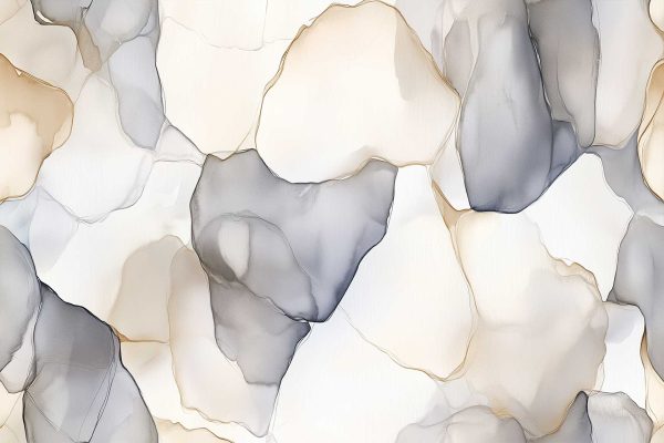 Abstract watercolor wallpaper features overlapping translucent shapes in muted beige, cream, and gray tones. The design creates an organic, stone-like pattern with soft edges and subtle color transitions. This calming background evokes introspection through its gentle neutrals and layered forms—ideal for serene, modern interiors.