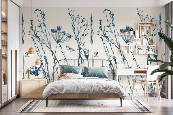 Large botanical wall mural in blue tones: Features oversized leaves and floral elements in soft azure, indigo, and muted sky blue shades; watercolor-style blending with hints of teal and white for a dreamy, breezy effect. Botanical motifs create a calming, nature-inspired atmosphere.