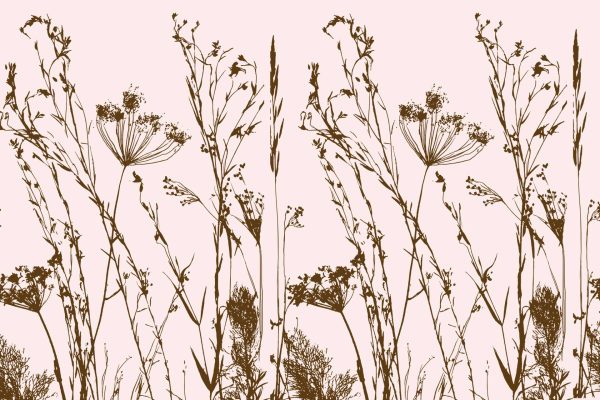 Seamless wallpaper pattern featuring brown wildflower and grass silhouettes on a light beige background. Delicate, detailed botanical elements repeat throughout, including meadow grasses and wild blossoms in various shades of brown. Evokes calm, natural meadow vibes with soft neutral tones and gentle floral motifs.