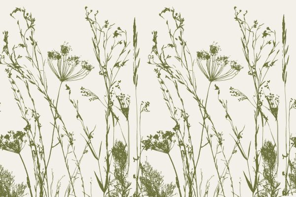 Seamless wallpaper pattern featuring green wildflowers and grasses with delicate stems and leaves on a light beige background. Botanical design includes sage, olive, and forest green tones for foliage; fine line details evoke movement like a gentle breeze. Natural elements: clustered wildflowers, slender grasses, subtle shadows. Colors in wallpaper: greens (sage, olive), neutral beige background.