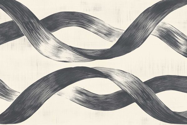 Wallpaper Abstract Art Description: The wallpaper features a design of two intertwined, flowing brushstrokes in dark gray on a light beige background. This creates a striking contrast and evokes a sense of movement and fluidity. The soft, neutral palette captures timeless elegance, with the dark gray adding depth against the calming beige backdrop. The overlapping strokes bring an artistic dynamic to the space, making it ideal for those seeking an understated yet expressive wall covering.