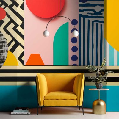Colorful geometric wallpaper with bold circles, dynamic stripes, and abstract shapes in vibrant colors—yellow, blue, red, black, and white—evoking energetic Race Against Time vibes.