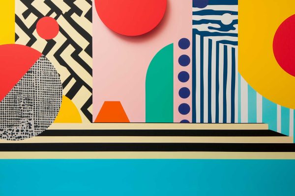 Dynamic abstract wallpaper featuring bold geometric shapes—large circles, diagonal stripes, zigzags, and scattered dots—in a vibrant color palette of red, yellow, turquoise, black, and white. The energetic composition suggests motion and urgency against a visually striking patterned background.