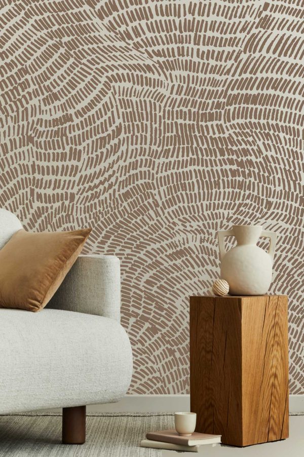 The wallpaper features an intricate abstract pattern with beige and brown elements.