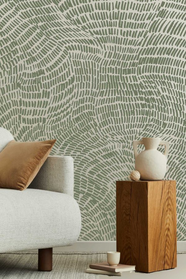 The wallpaper features wavy green lines, creating a serene and natural aesthetic.
