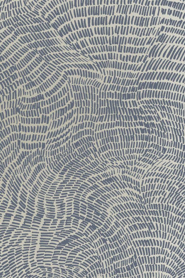 Abstract wallpaper features wavy blue lines on a light background, capturing the essence of a Whispering Meadow. The flowing, textured design resembles gentle ripples or delicate fingerprints. Elements include abstract patterns and organic movement in blue hues against a soft backdrop.