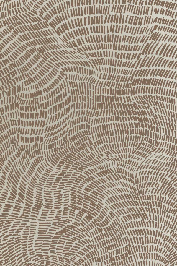 Abstract pattern, numerous closely arranged brown brushstrokes, cream background, swirling textured effect, reminiscent of Whispering Meadow, intricate design, organic flowing structure. Elements: brushstrokes, swirls. Colors: brown, cream.
