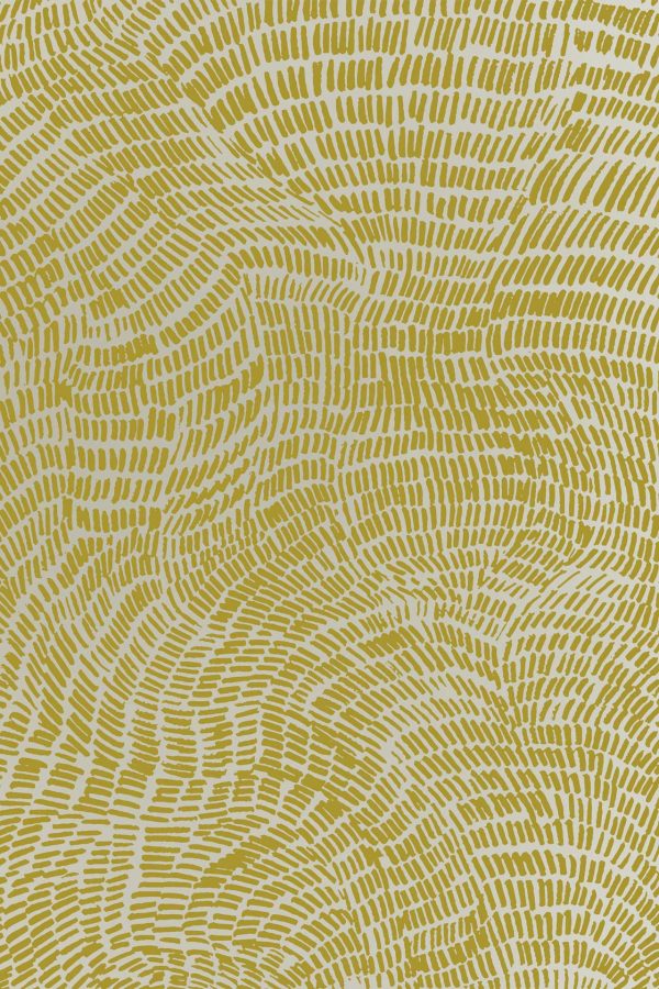 Abstract pattern of short, swirling olive-green lines on white background; elements include organic texture and whispering meadow appearance. Colors: olive-green and white.