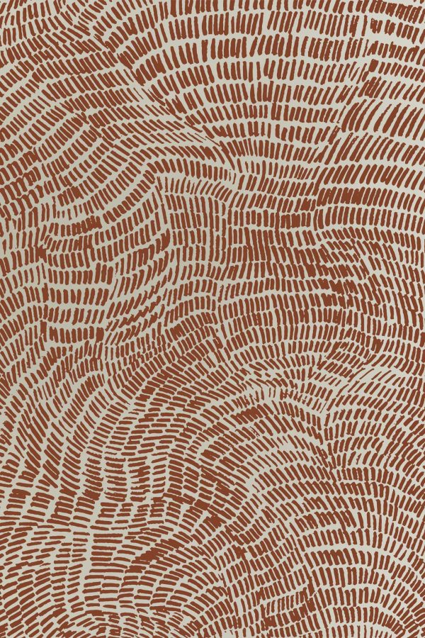 Abstract wallpaper featuring a pattern of brown lines, intricately spaced and overlapping to form wave-like shapes on a white background. The varying density of the lines evokes gentle undulations, reminiscent of a Whispering Meadow. This design creates a sense of movement and depth with its earthy brown tones against the crisp white backdrop, perfect for adding an organic touch to any space.