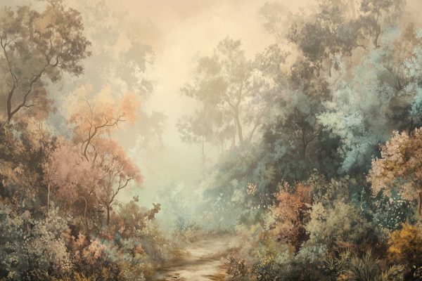 Wallpaper features a misty forest scene with a winding path. Trees display vibrant colors: lush green, fiery orange, and serene blue, blending through fog. Ethereal atmosphere captured as nature's artwork with foliage subtly merging into the background. Ideal for invoking tranquility and capturing timeless beauty. Keywords: misty forest, colorful trees, green, orange, blue foliage, ethereal fog.