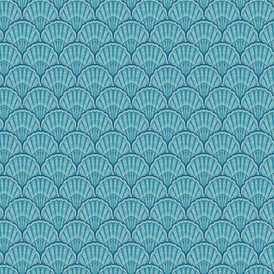 Repeating scallop pattern wallpaper featuring alternating teal and blue fan shapes; bold geometric symmetry inspired by Memphis style; stylized seashell motifs; all-over design with vivid teal, blue, and hints of white.