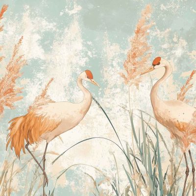 Elegant cranes with orange crests, tall grasses and reeds, gentle breeze effect; textured pale blue and beige background; serene, nature-inspired wallpaper design.
