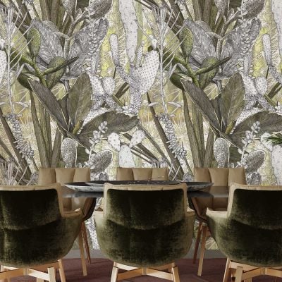 The wallpaper from the Petals in Print collection features a detailed botanical pattern, displaying various leaves and plants. The color palette is comprised of muted green and grey tones, enhancing its natural, elegant aesthetic. Keywords: botanical pattern, leaves, plants, muted green, grey tones.