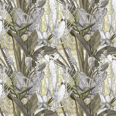 The wallpaper from the Petals in Print collection features a detailed botanical pattern, displaying various leaves and plants. The color palette is comprised of muted green and grey tones, enhancing its natural, elegant aesthetic. Keywords: botanical pattern, leaves, plants, muted green, grey tones.