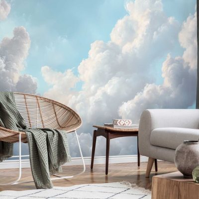 Blue sky and white cloud wallpaper; features soft, fluffy clouds on a bright blue background; evokes calm, serenity, and openness.